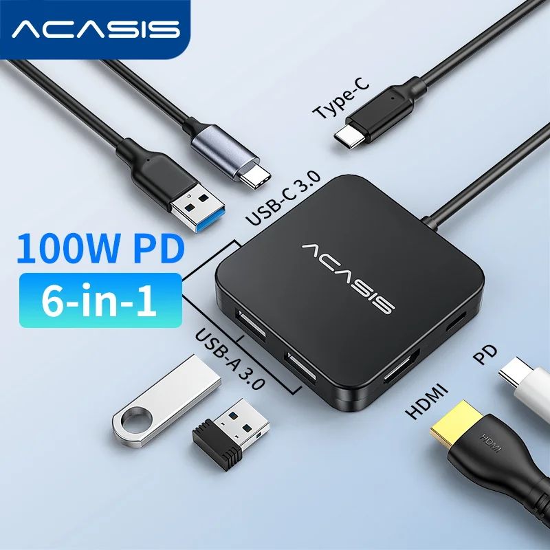 ACASIS USB Hub Type C Hub 4K 30Hz Док-станция USB C to HDMI с 100W PD 3 USB 3.0 Порты Адаптер USB для MacBook Air Pro