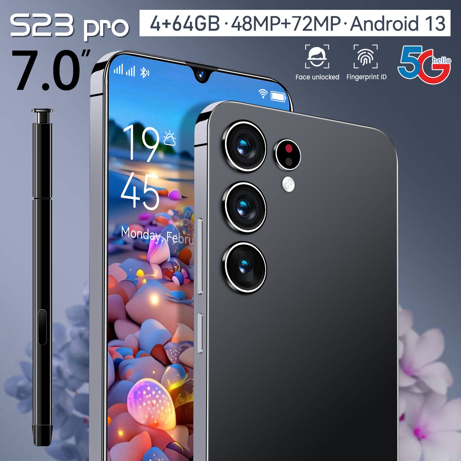 Смартфон2024Новыйсмартфон-S23PROs,Android13,7.0-дюймовыйHDэкран,4G+5G+WIFI+GPS,поддержкарусскогоязыка,мобильнаясвязь,dualSIMdualstandbyEU4/64ГБ,черный