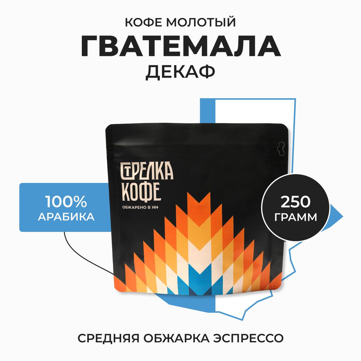 Кофе молотый Стрелка кофе Гватемала Декаф, без кофеина, 100% Арабика,  Свежая обжарка, 250 гр