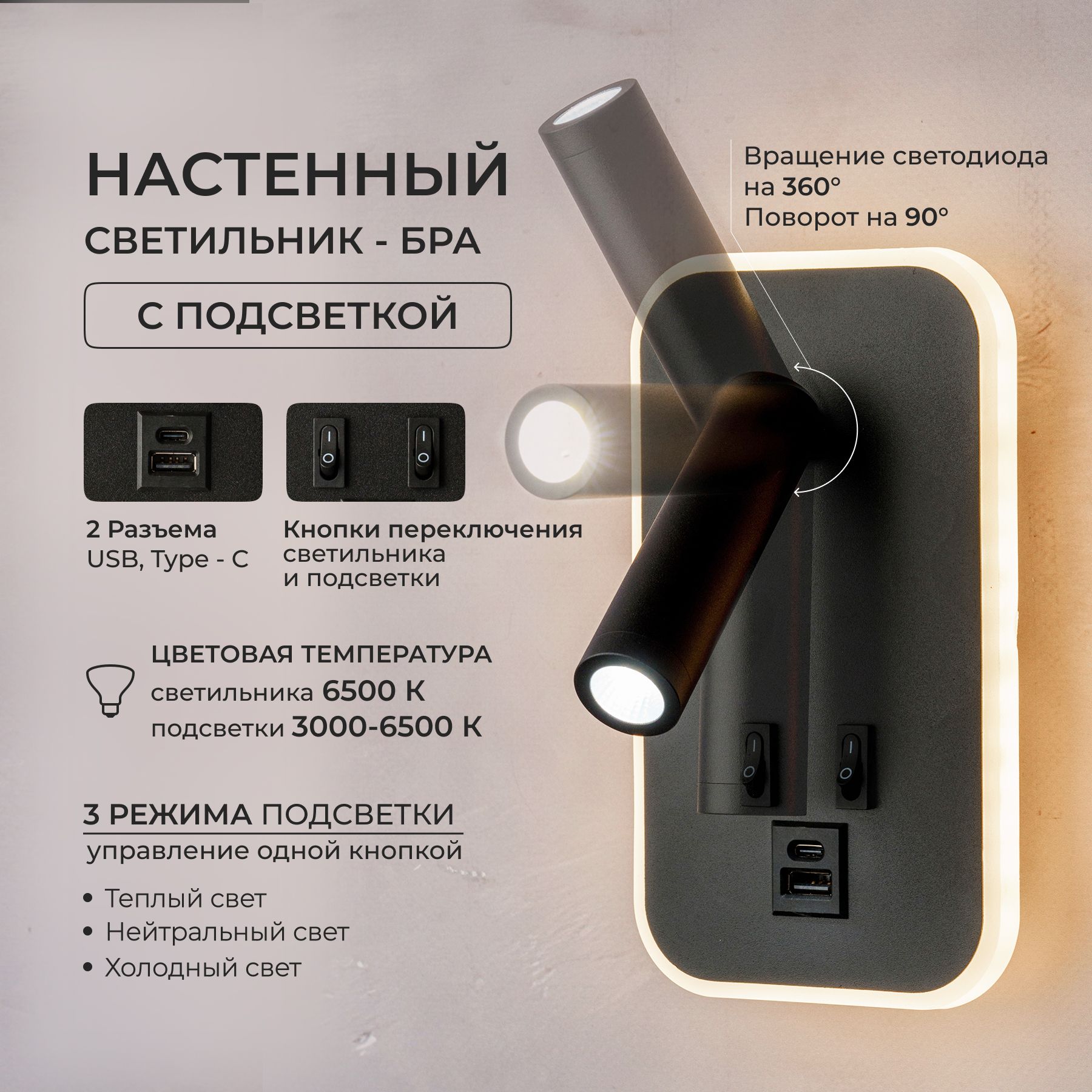 Светильник настенный бра прикроватный с выключателем, подсветкой и USB.