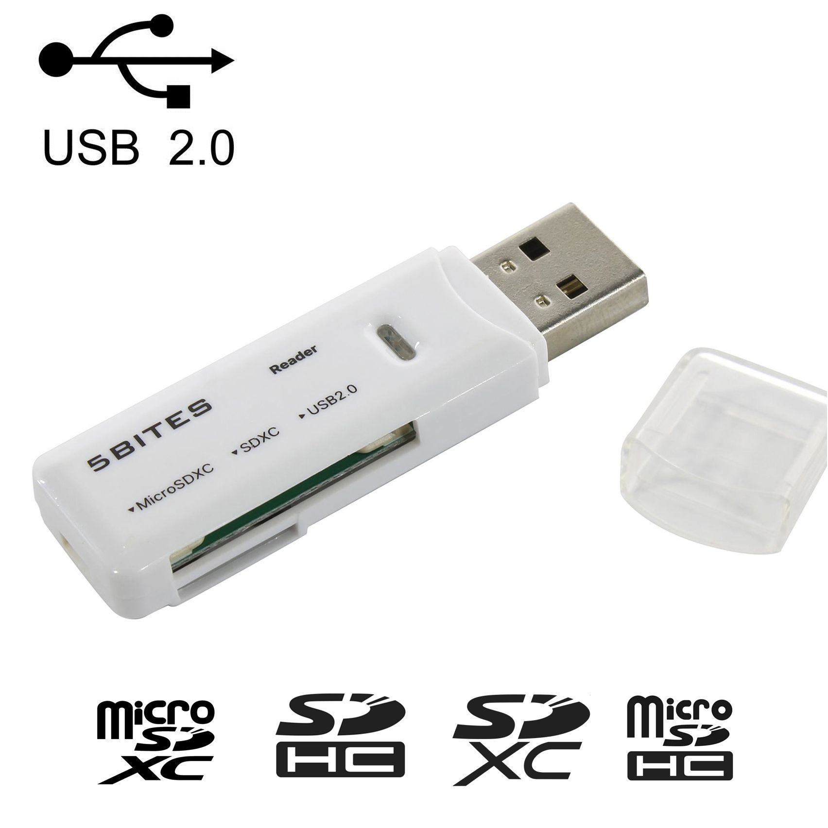 Карт-ридерUSB2.0,SD,microSD,TF,SDHC,SDXC,белый,5bitesRE2-100WH