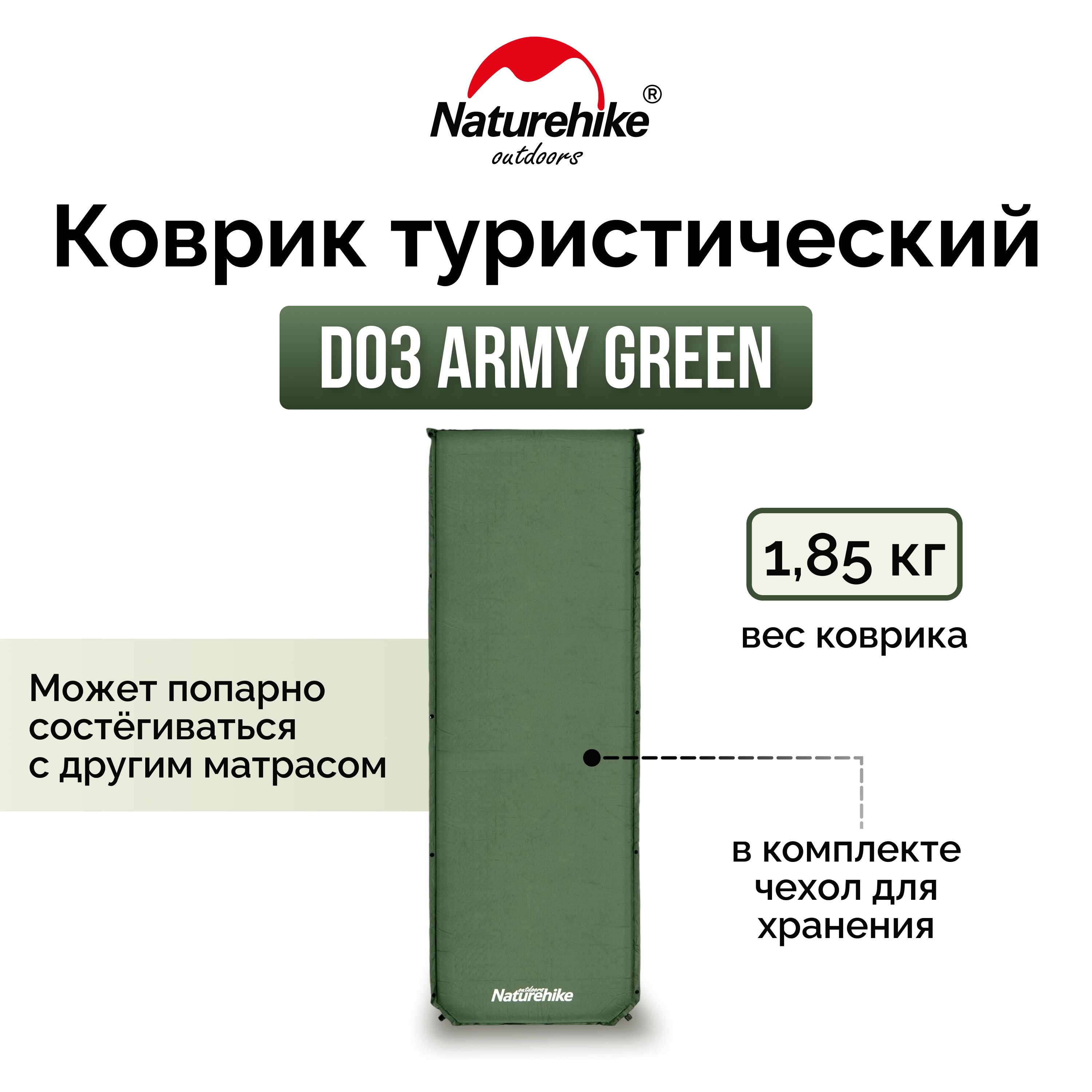 Коврик самонадувной туристический Naturehike D03 Army Green, 6927595773680