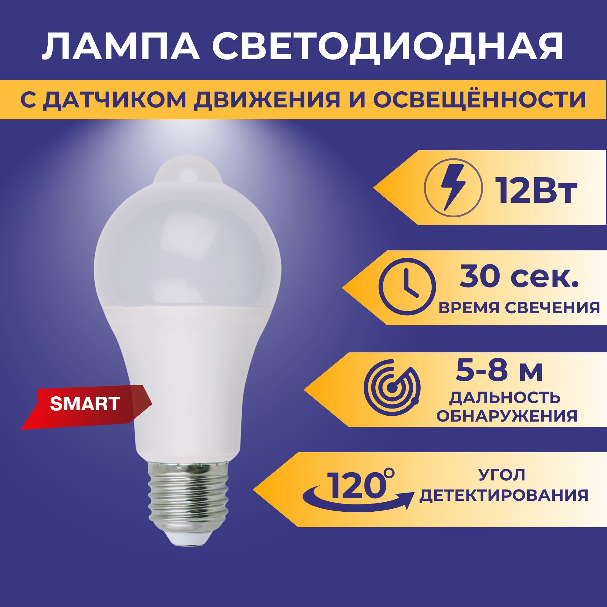 Лампочкасветодиоднаясдатчикомдвиженияиосвещенности,Умнаяsmartлампочкадляквартиры,длядома12ВтЕ274000K