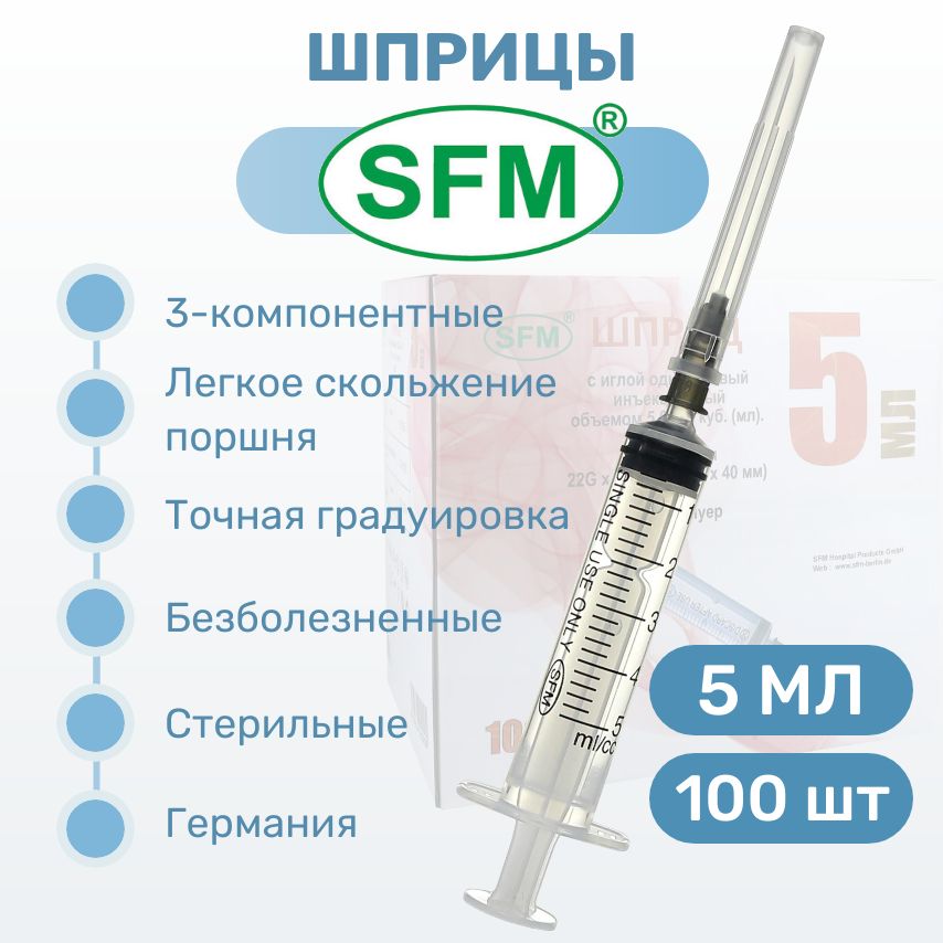 Шприц5млSFM№100трехкомпонентный,игла0,7х4022G,Германия,медицинскийодноразовыйстерильный