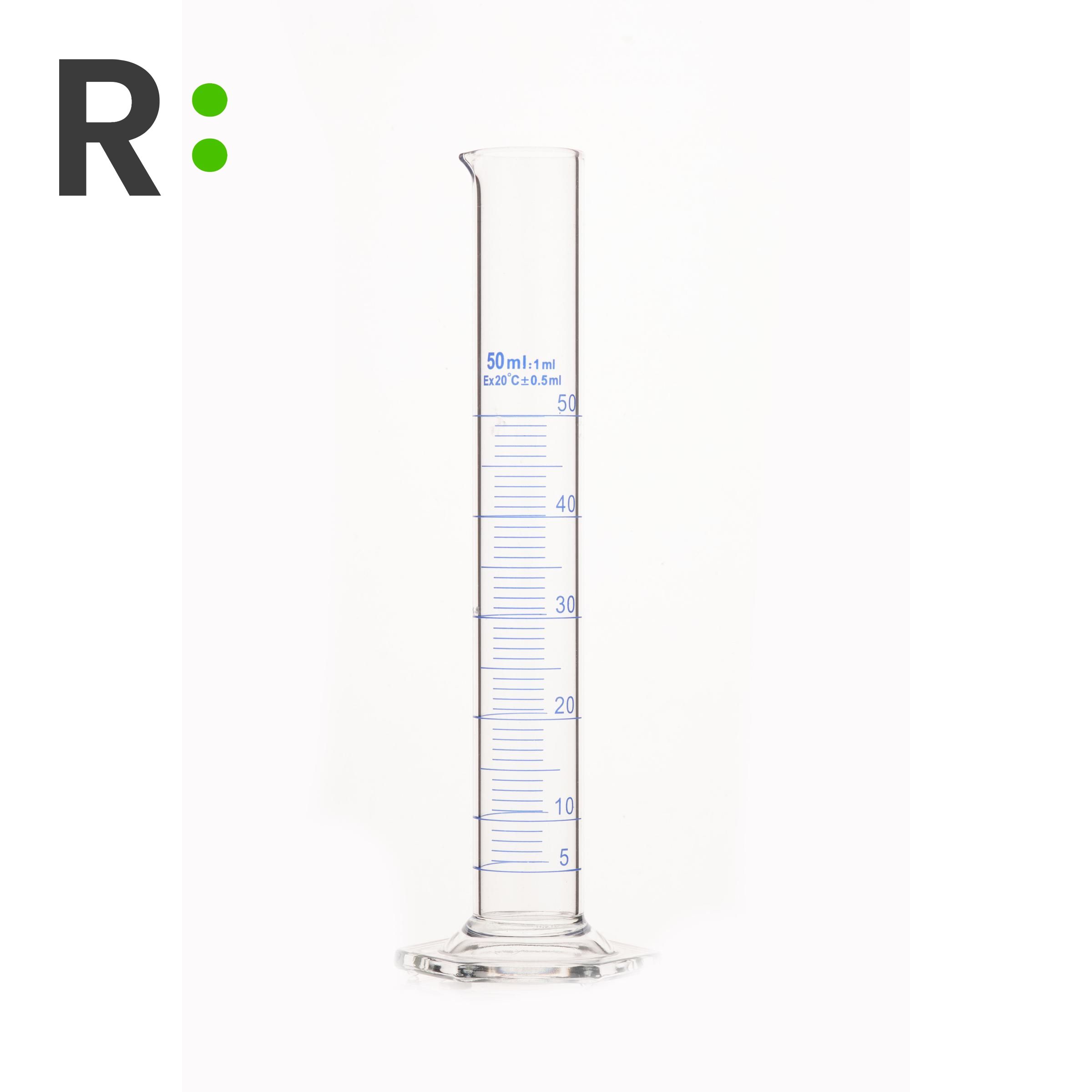 Мерный цилиндр стеклянный 50 мл с носиком, RLAB, на шестигранном стеклянном основании