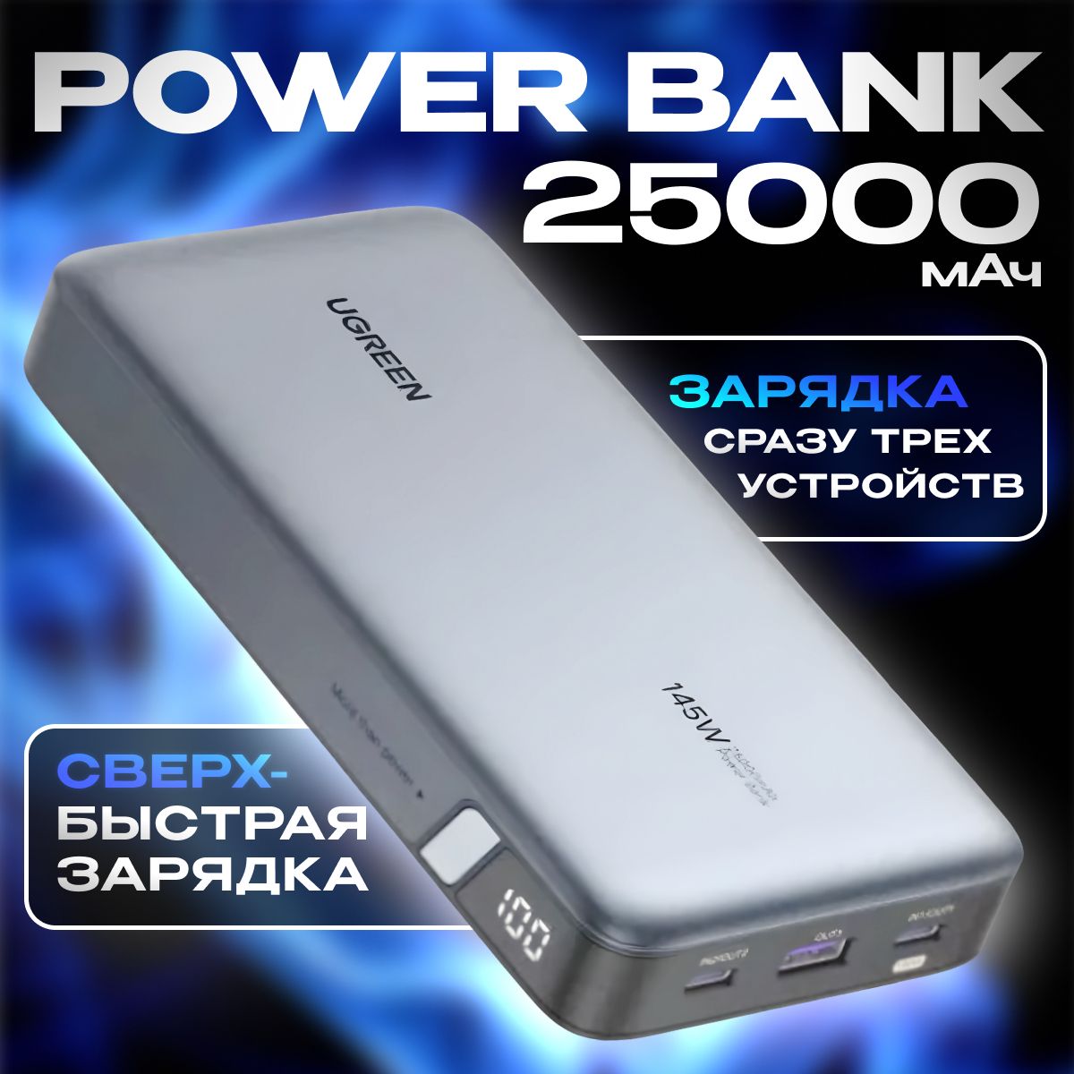 ВнешнийаккумуляторUGREENPB205(90597A)PD145WPowerBank25000mAh.Цвет:темно-синий