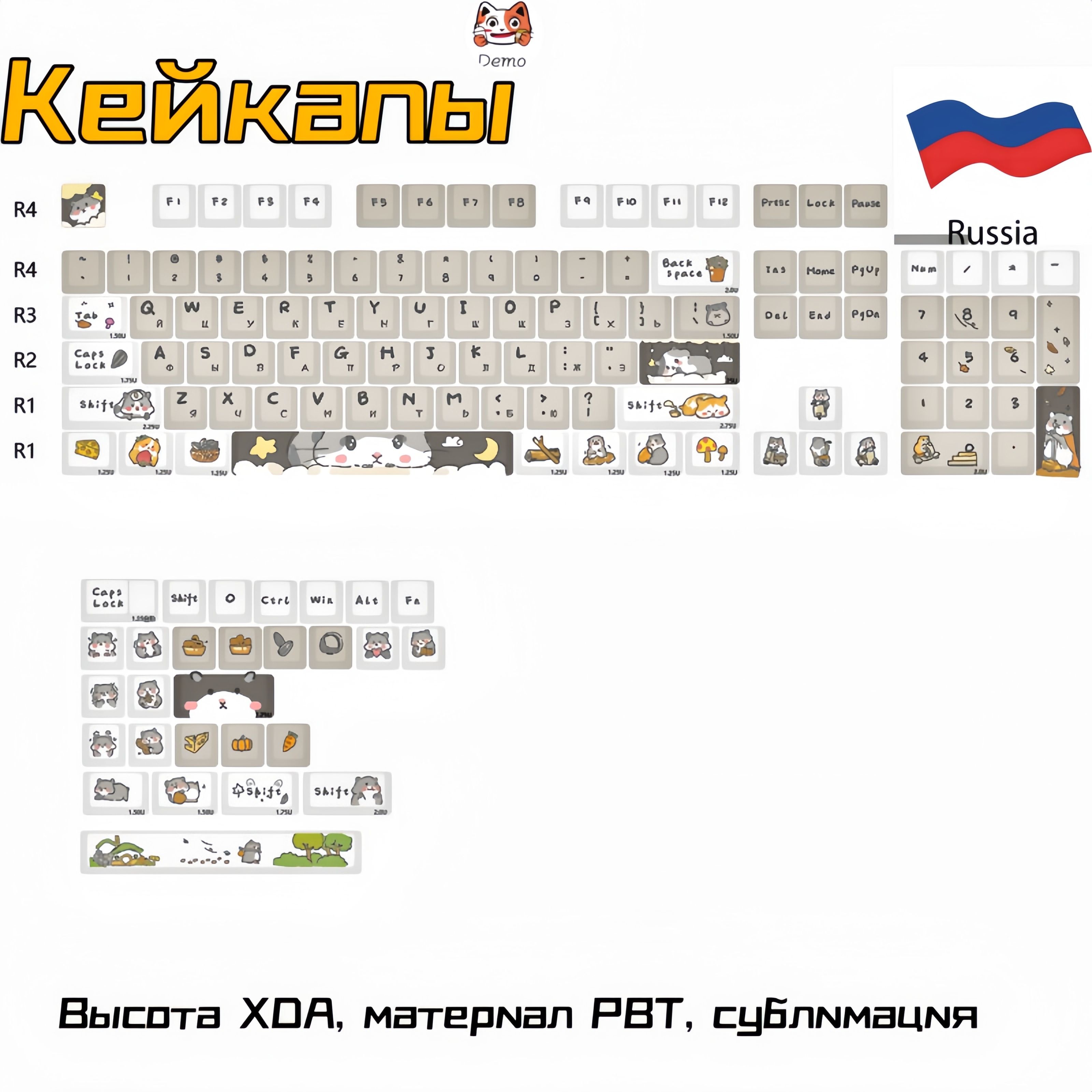 КейкапыдлямеханическойклавиатурыDemoAK-01ENG+RU,pbt,Cherry,Черный,зеленый,желтый