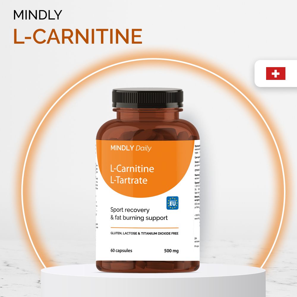 БАД, жиросжигатель для похудения и увеличения энергии MINDLY Daily L-Carnitine L-Tartrate (L-карнитин L-тартрат), спортивное питание, добавки для женщин и мужчин, 60 капсул