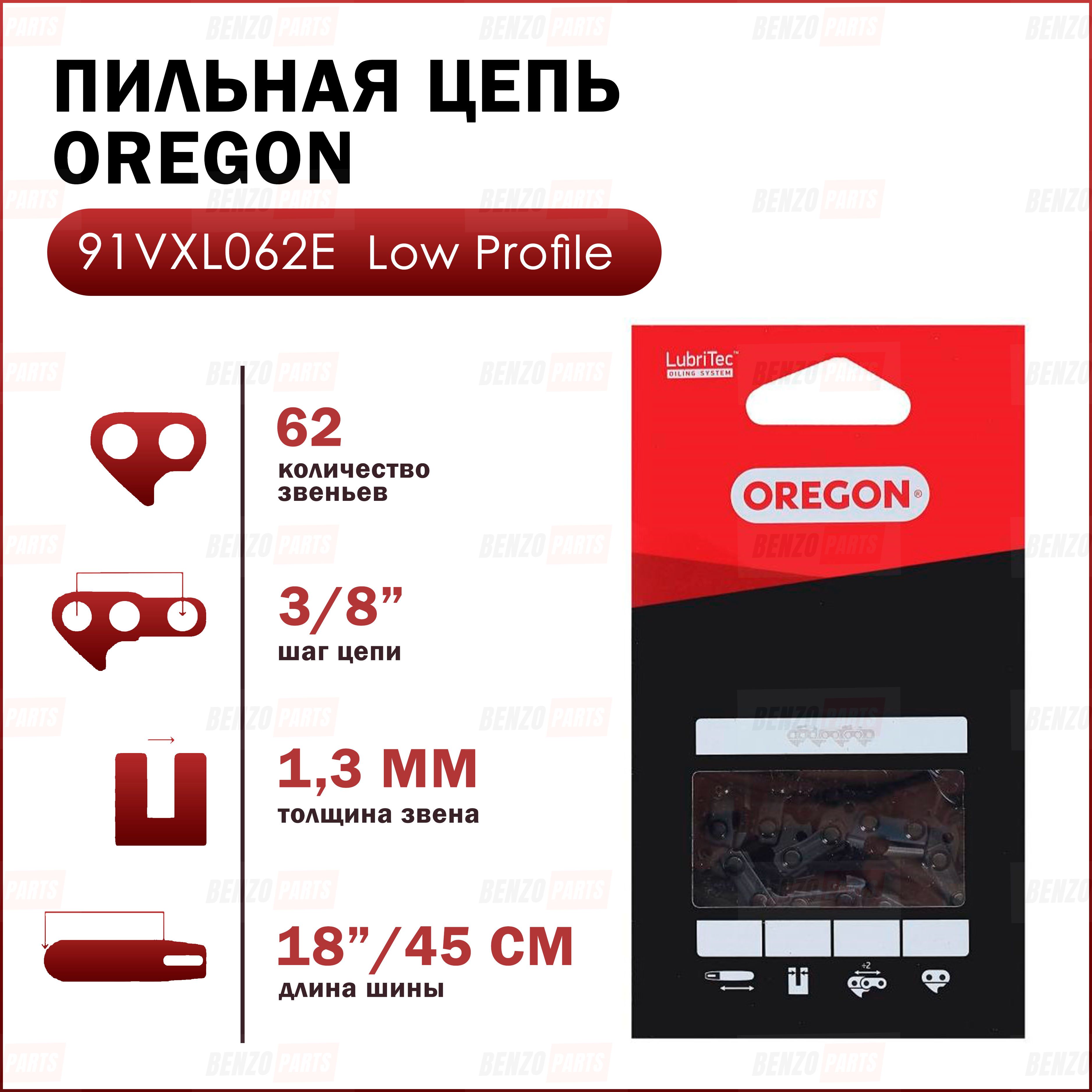 ЦепьпильнаяOREGON91VXL062E18"/45см,шаг3/8",1,3мм,62звена