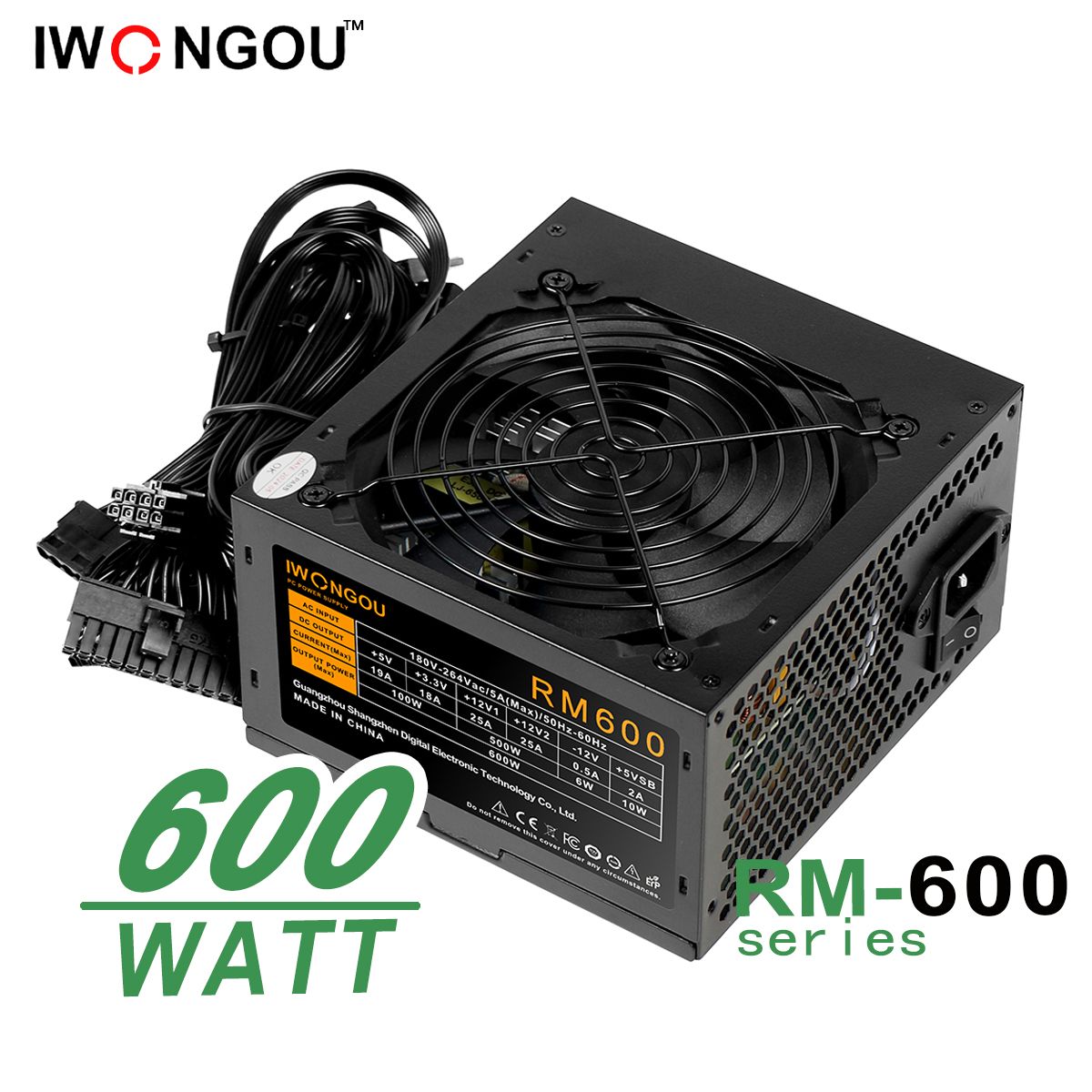 блок питания для пк 600w IWONGOU ATX,12CM кулер ,20+4p,2*CPU(4+4),2*PCI-E(6+2),4*SATA,3*IDE, кабель питания