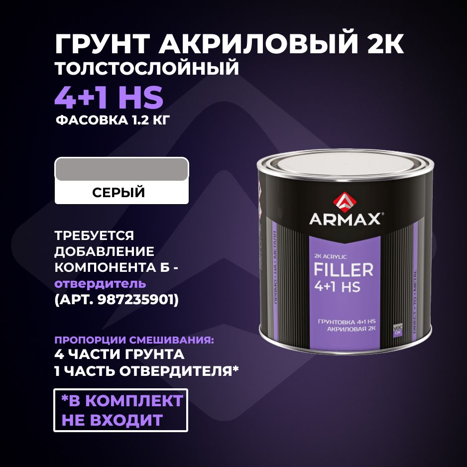 Грунт-наполнитель акриловый Armax 4+1 HS, серый, 1.2 кг (без отвердителя)