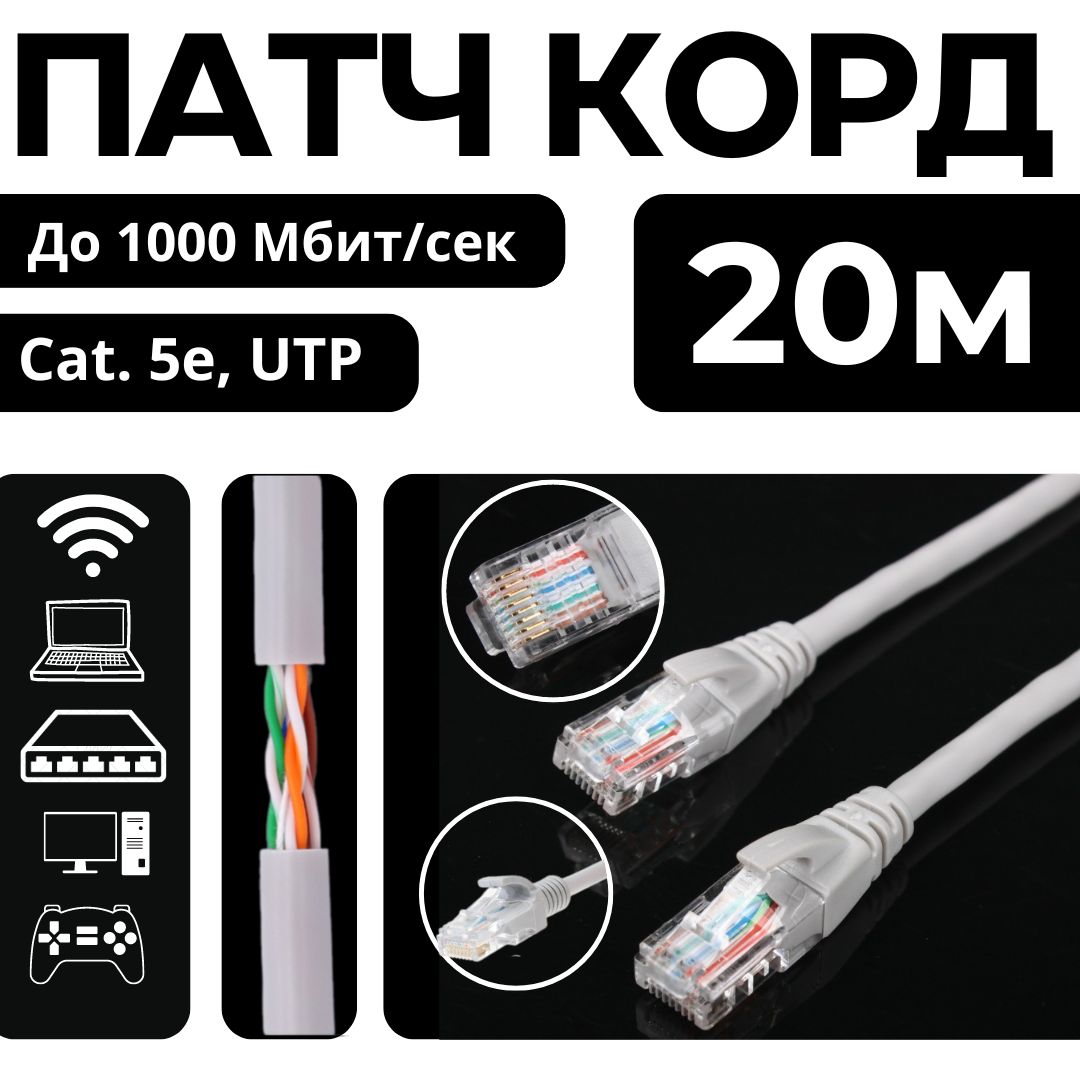 Патч корд UTP Redmart RJ45, cat 5e, литой 20м