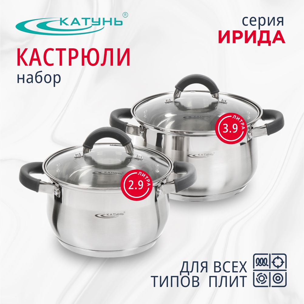 Наборкастрюльизнержавеющейсталискрышками2,9л,3,9л,Катунь