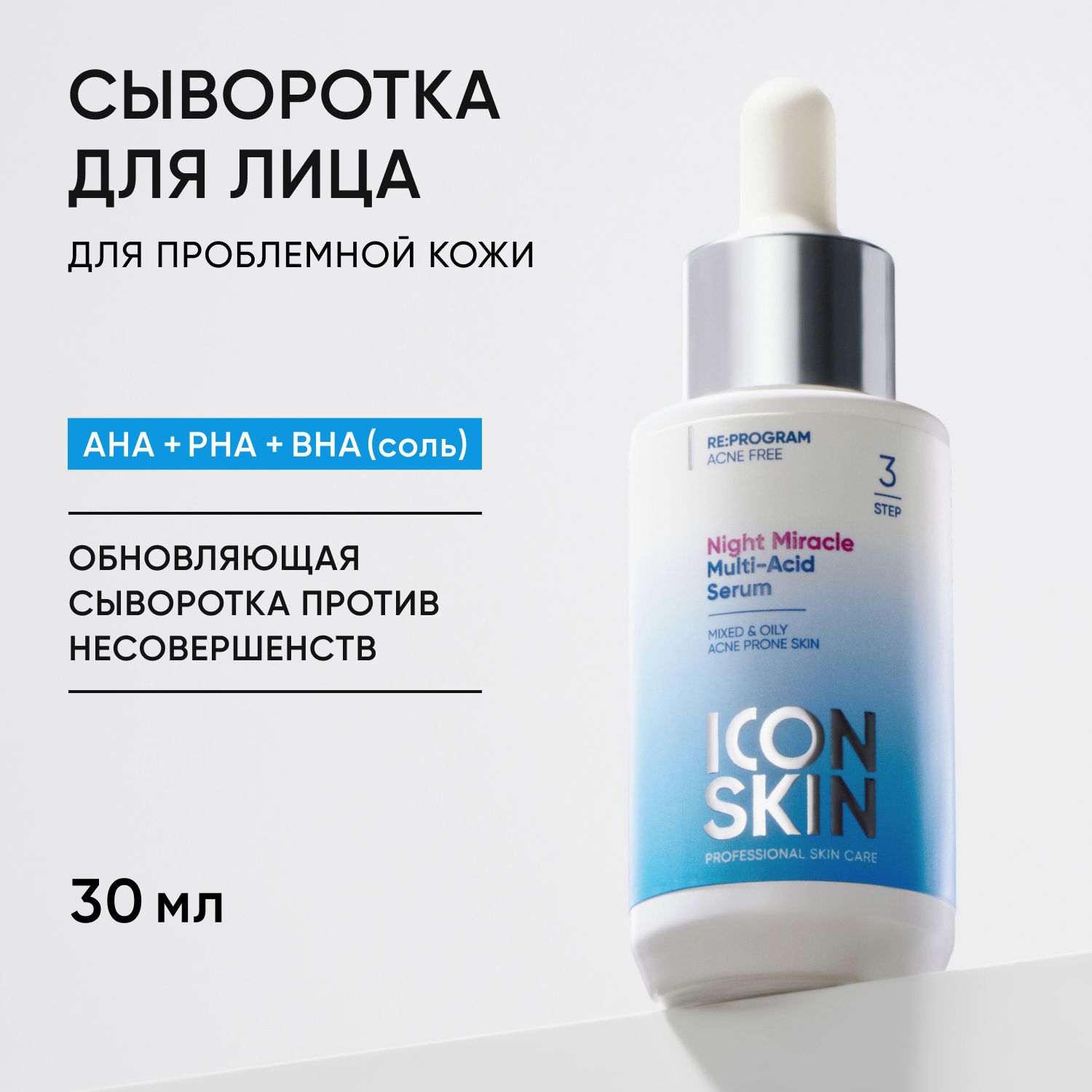 ICON SKIN Сыворотка для лица Night Miracle от прыщей акне и черных точек , AHA кислоты, для жирной проблемной кожи лица, пилинг, 30мл