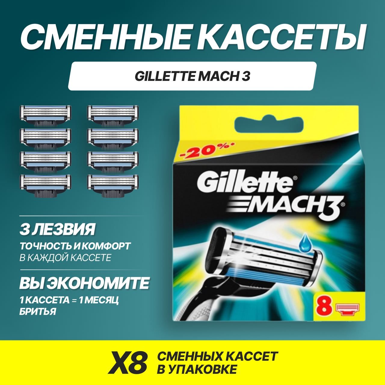 Gillette Mach3 Сменные кассеты 8 шт - Лезвия для бритвы Mach 3 Gillette