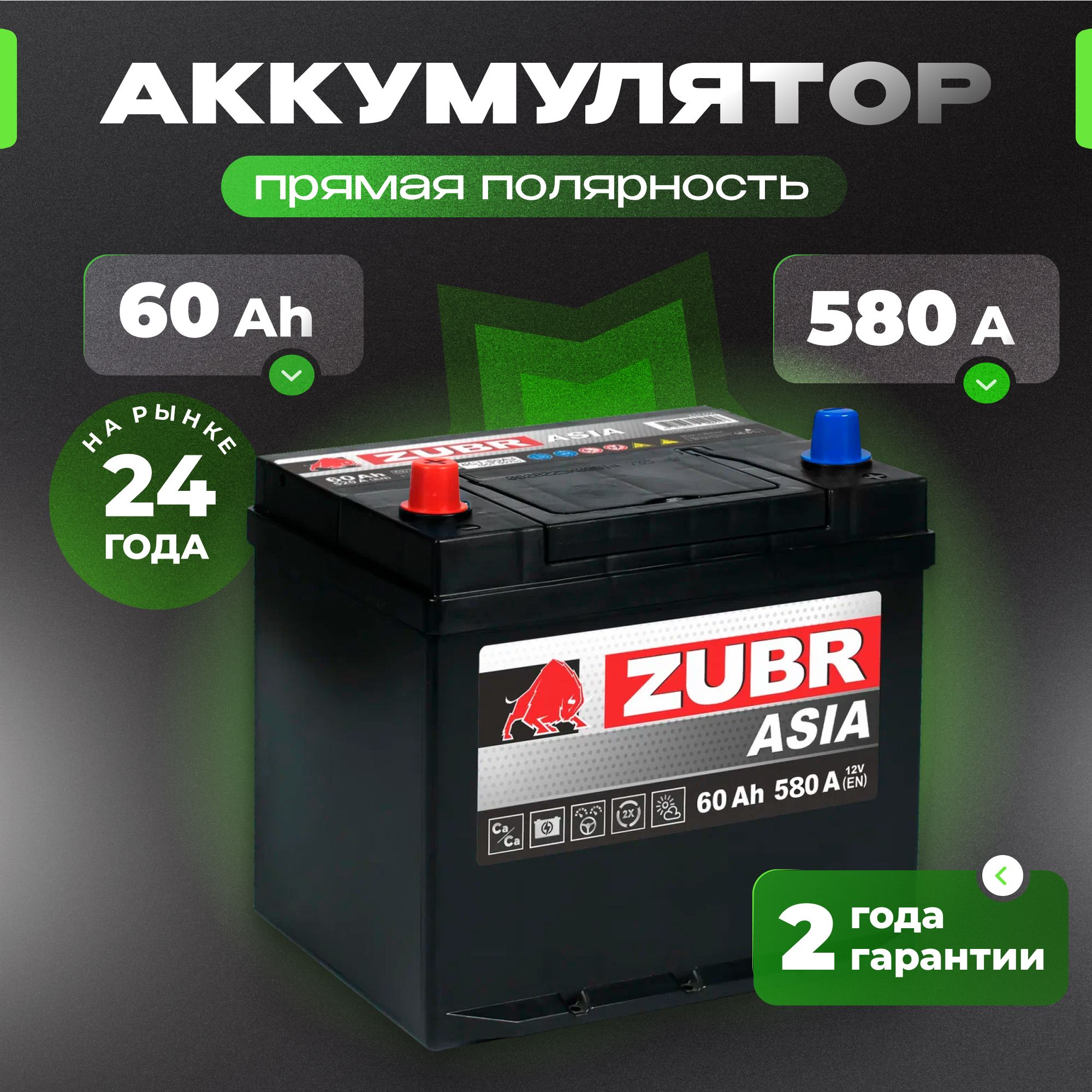 Аккумулятор автомобильный 12v 60 Ah ZUBR Ultra Asia 60 Ач 580 А прямая полярность 230x175x225 стартерный акб для автомобиля, машины (нижний борт)