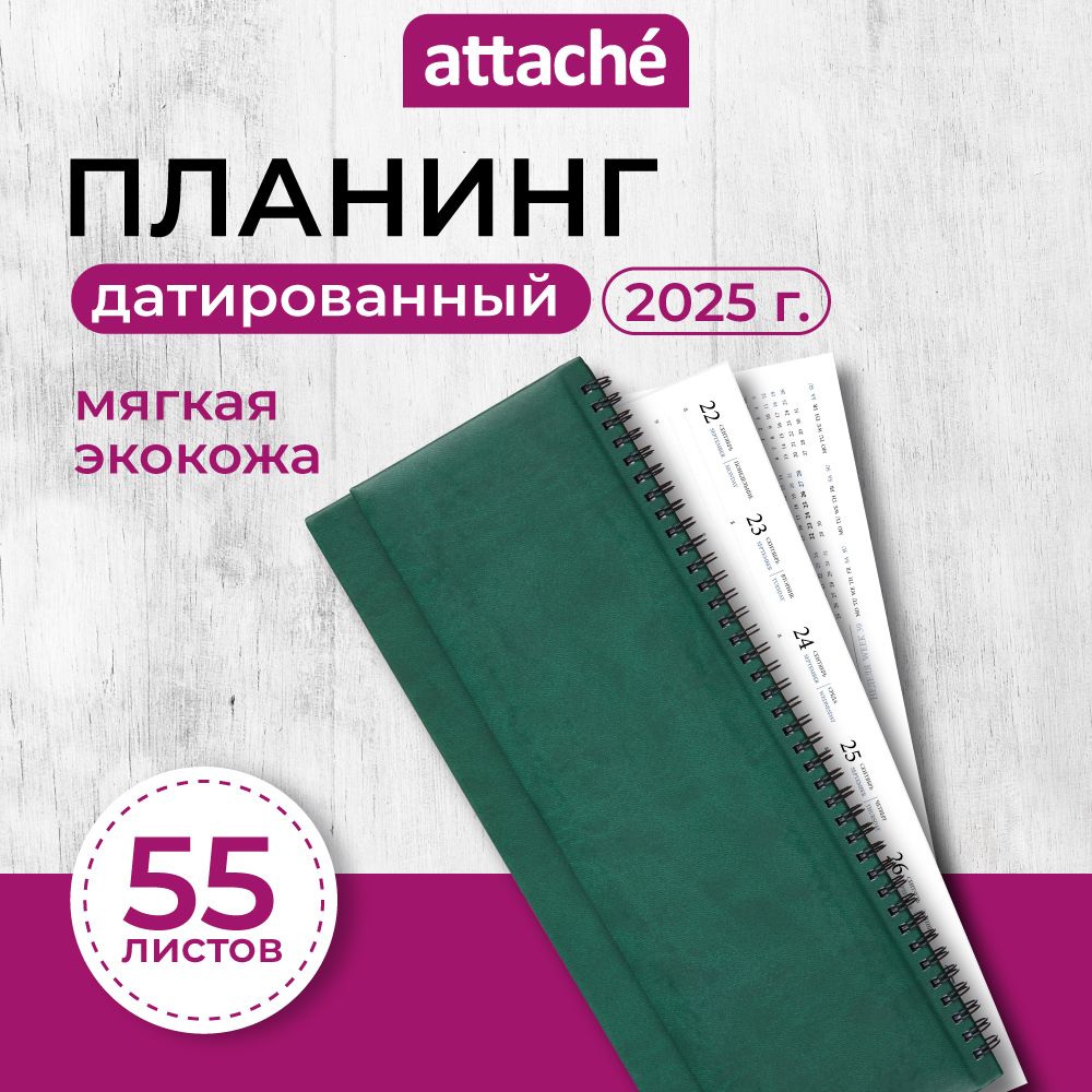 Планер ежедневник датированный Attache, 2025, 340х130 мм, искусственная кожа, 55 листов, зеленый