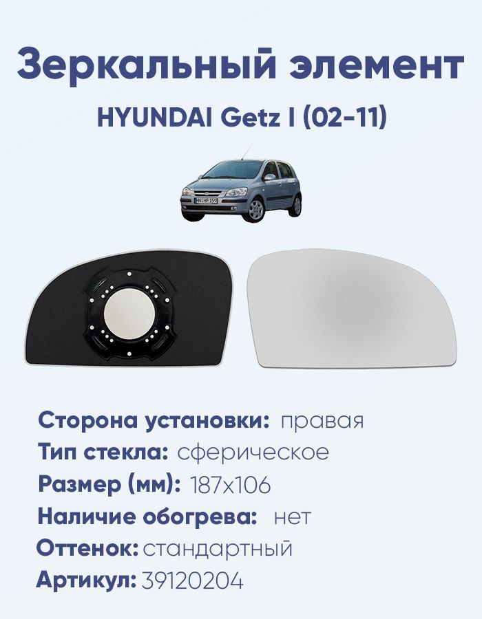 Зеркальный элемент правый HYUNDAI Getz I (02-11) сфера нейтральный без обогрева