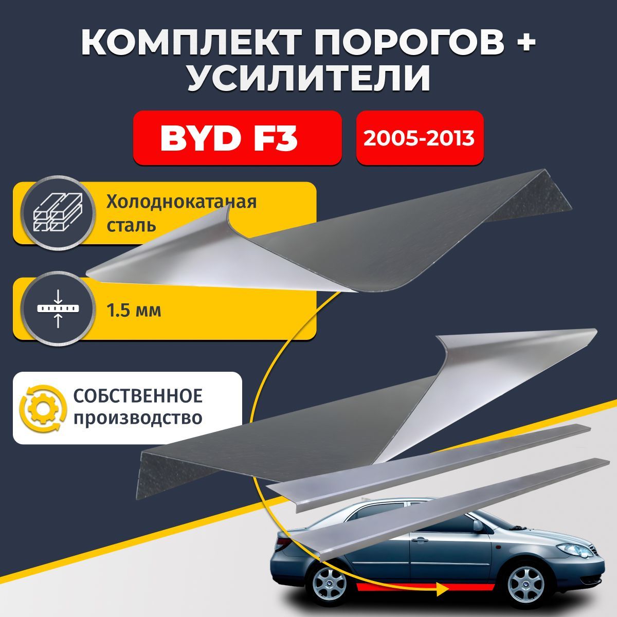 Ремонтные пороги комплект (2 шт.) и усилители (2 шт.), для BYD F3 2005-2013 седан 4 двери, холоднокатаная сталь 1.5 мм. (Бид Ф3), пороги и усилители. Кузовной ремонт.