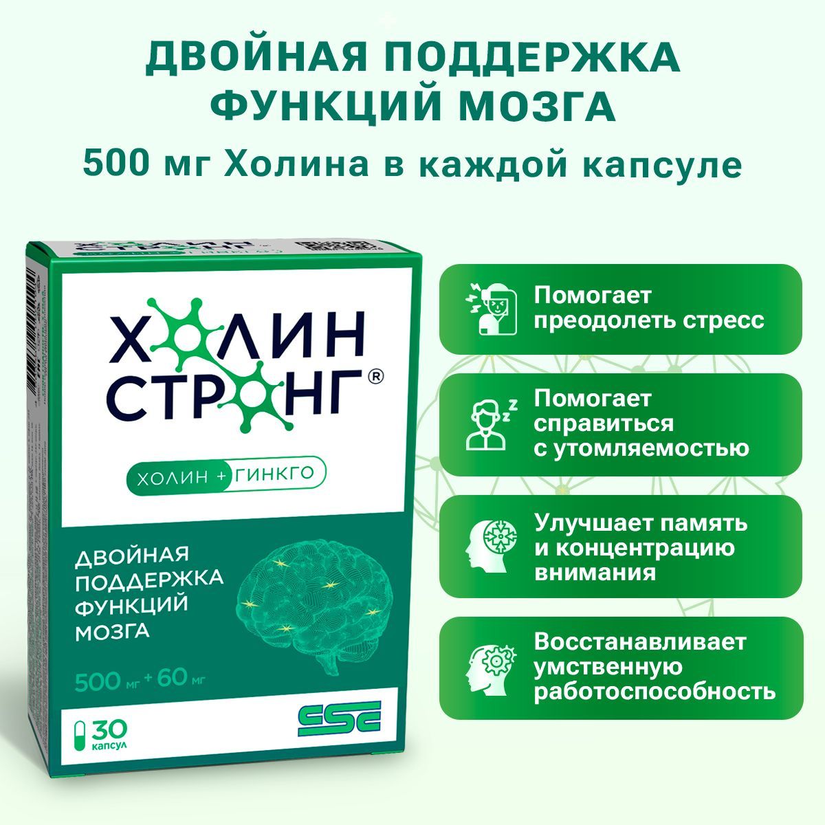 Холин Стронг, Гингко билоба 60 мг Холин 500 мг Биоперин, улучшает память и внимание, помогает справиться со стрессом, восстановление после болезни (covid), 30 капсул