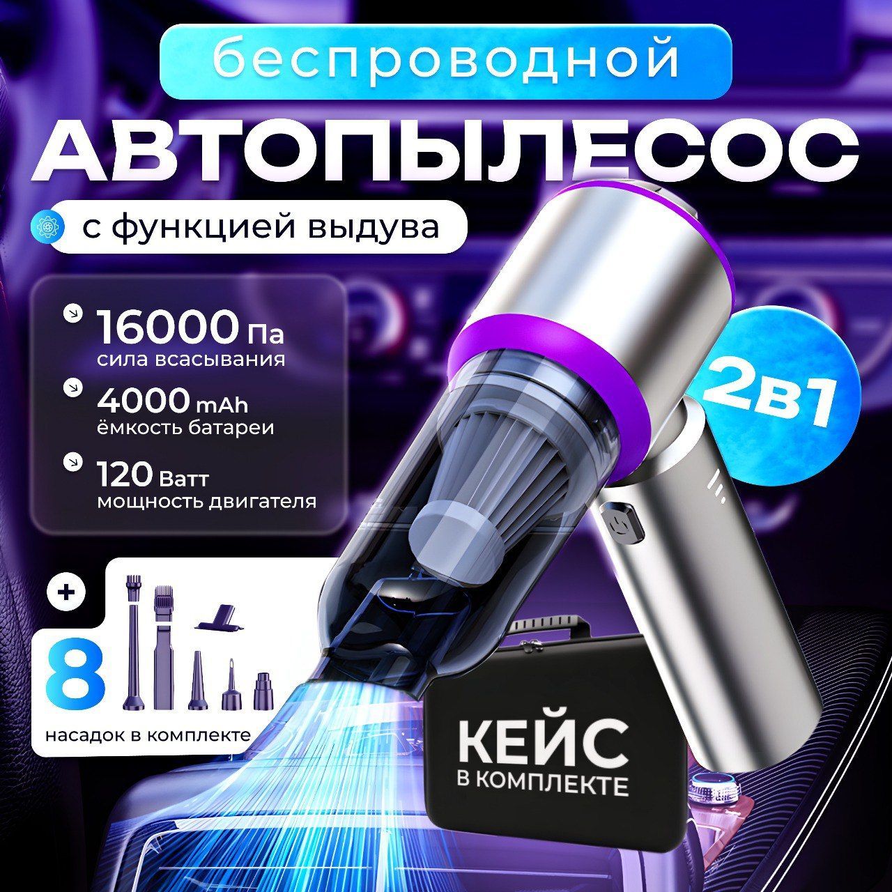 Пылесос для автомобиля беспроводной с сумкой/ автомобильный пылесос с функцией выдувания 16 000 Па