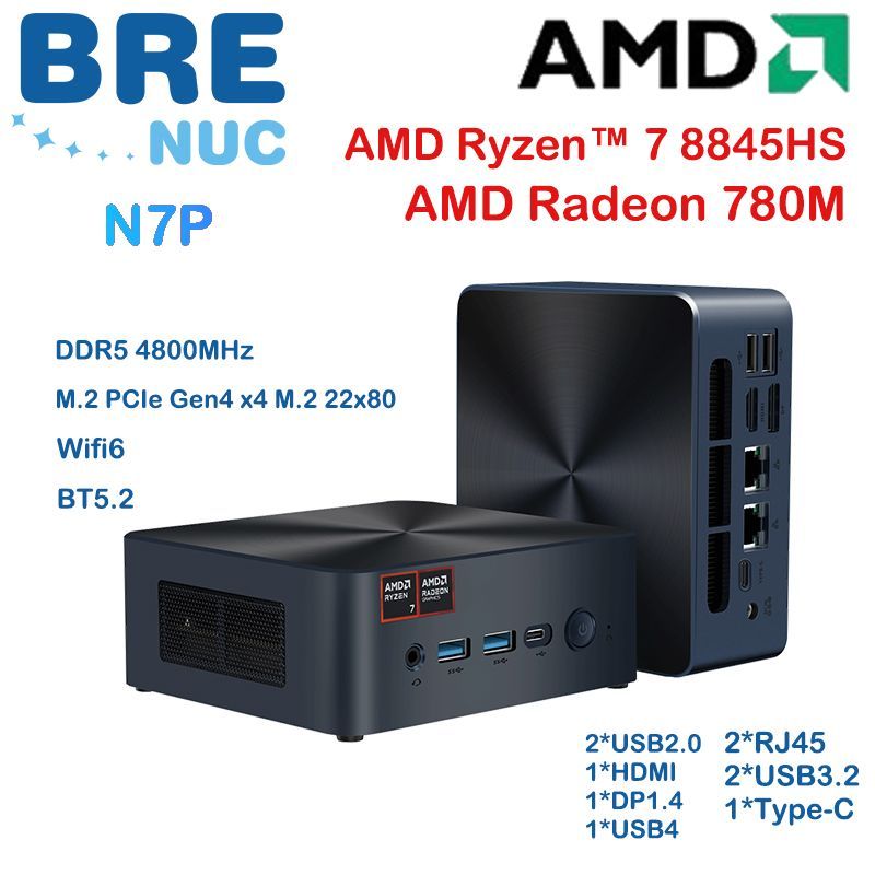 BRENUC Мини-ПК N7NP (AMD Ryzen 7 8845HS, RAM Отсутствует, AMD Radeon 780M, Windows 11 Pro)