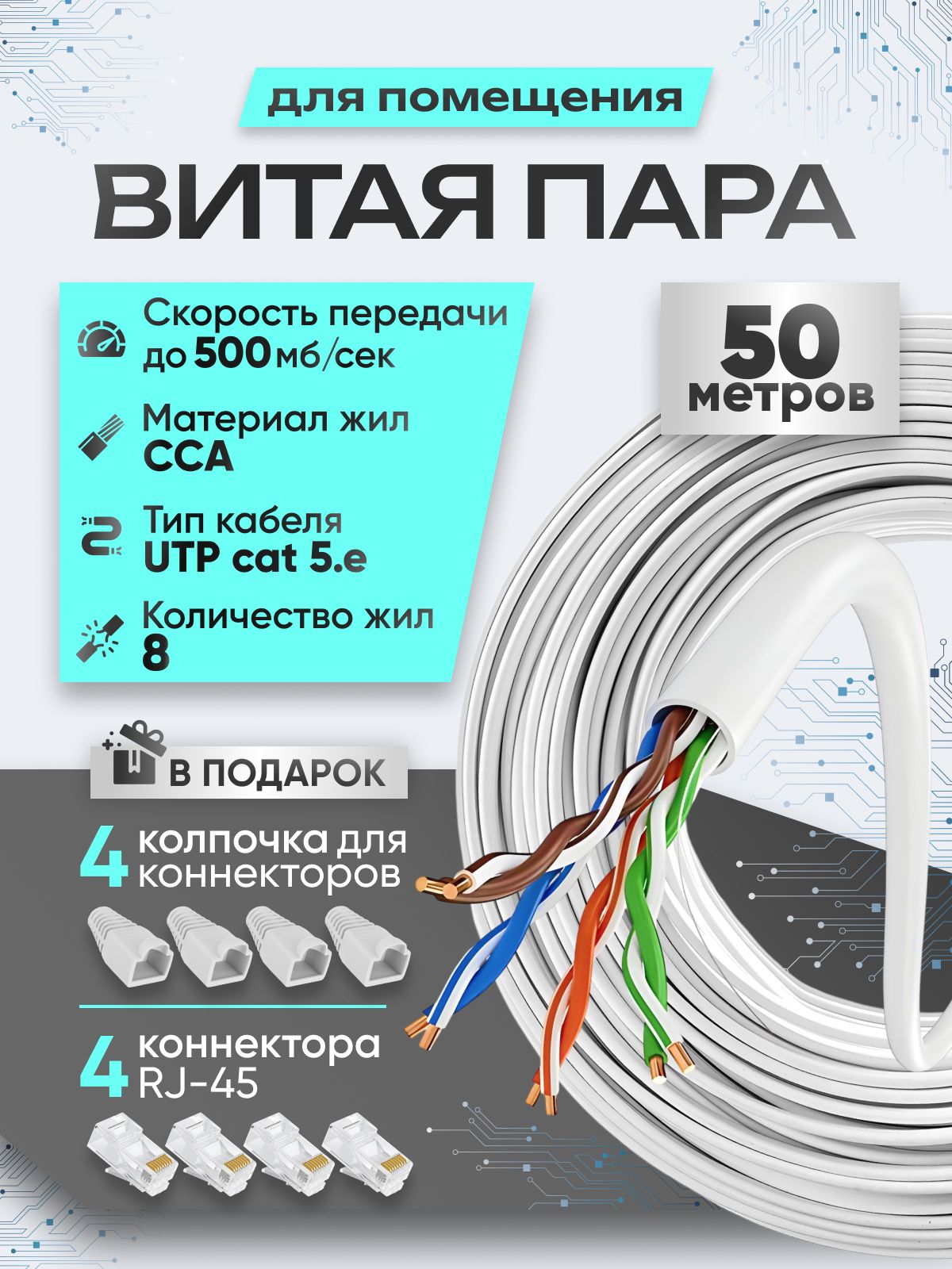 Кабельвитаяпара50метров,UTPкабель,5e,CCA,4pr,8жил,24AWG