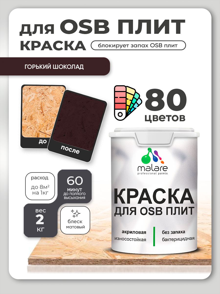 Акриловая краска для ОСБ плит Malare для дерева для наружных и внутренних работ, быстросохнущая без запаха матовая, горький шоколад, 2 кг