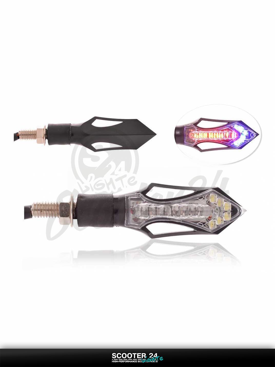 Повороты диодные стреловидные, 8 красных + 6 синих диодов (3 режима) на мотоцикл / мопед питбайк и скутер