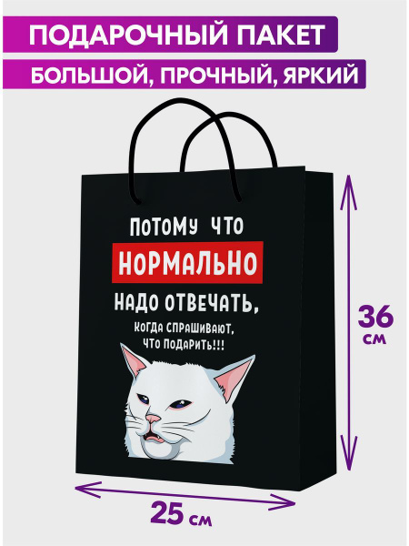 Подарочный пакет С днем рождения, большой, Кот с приколом "Потому что ...