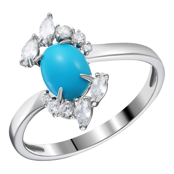 Серебряное кольцо 925 пробы; вставки 1 Бирюза Аризонская; 10 Фианит ...