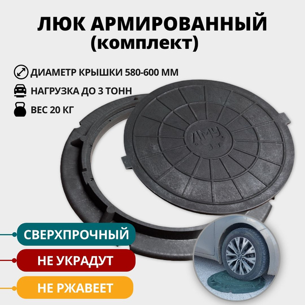 Люк канализационный полимерно-песчаный, люк садовый, 580-600 мм, до 3 т ...
