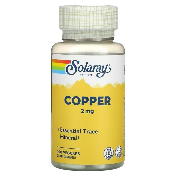Медь, 2 мг 100 вегетарианских капсул, Solaray, Copper, США купить на ...