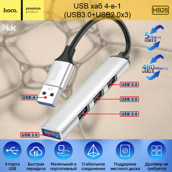 USB HUB (переходник-разветвитель, хаб USB) hoco HB26 4в1, (USB-A to ...