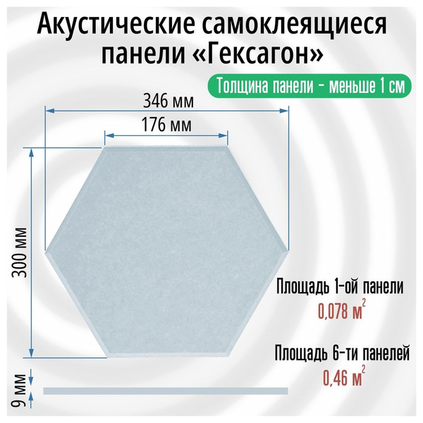 Гексагоны 6 штук 346х300х9мм (сторона 176мм), Самоклеящиеся ...