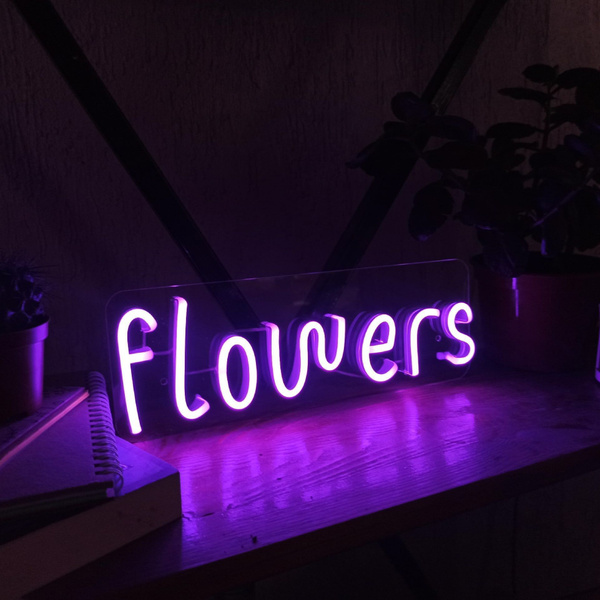 Неоновая вывеска flowers цветы 30х10 см, фиолетовая - купить с ...