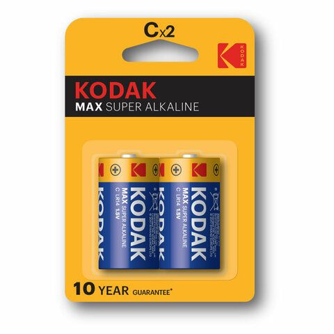 Батарейки алкалиновые КОМПЛЕКТ 2 шт., KODAK Max Super Alkaline, C (LR14 ...