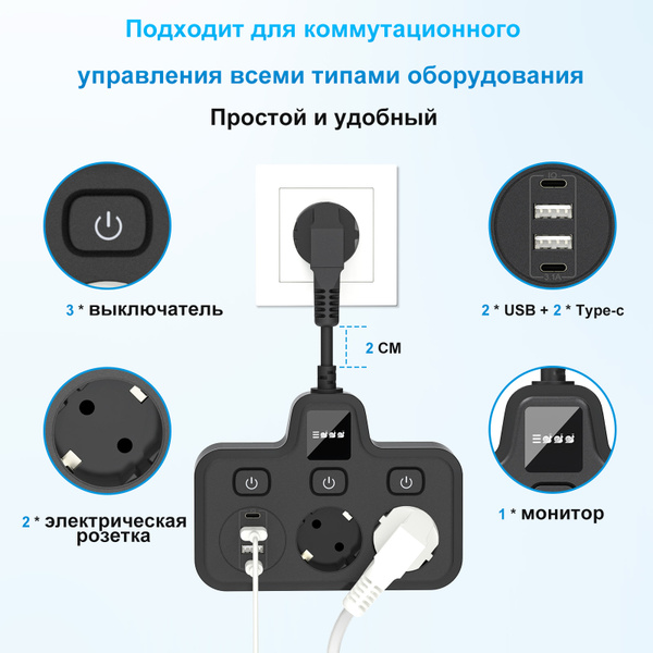 HITRENDS Удлинитель с 2 розетками и 2 USB + 2 Type-C, индивидуальные ...