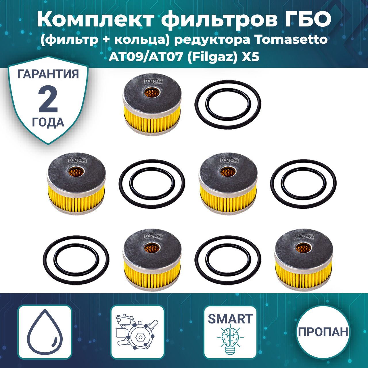 Комплект фильтров ГБО (фильтр+кольца редуктора Tomasetto AT09/AT07, Filgaz) 5 шт.