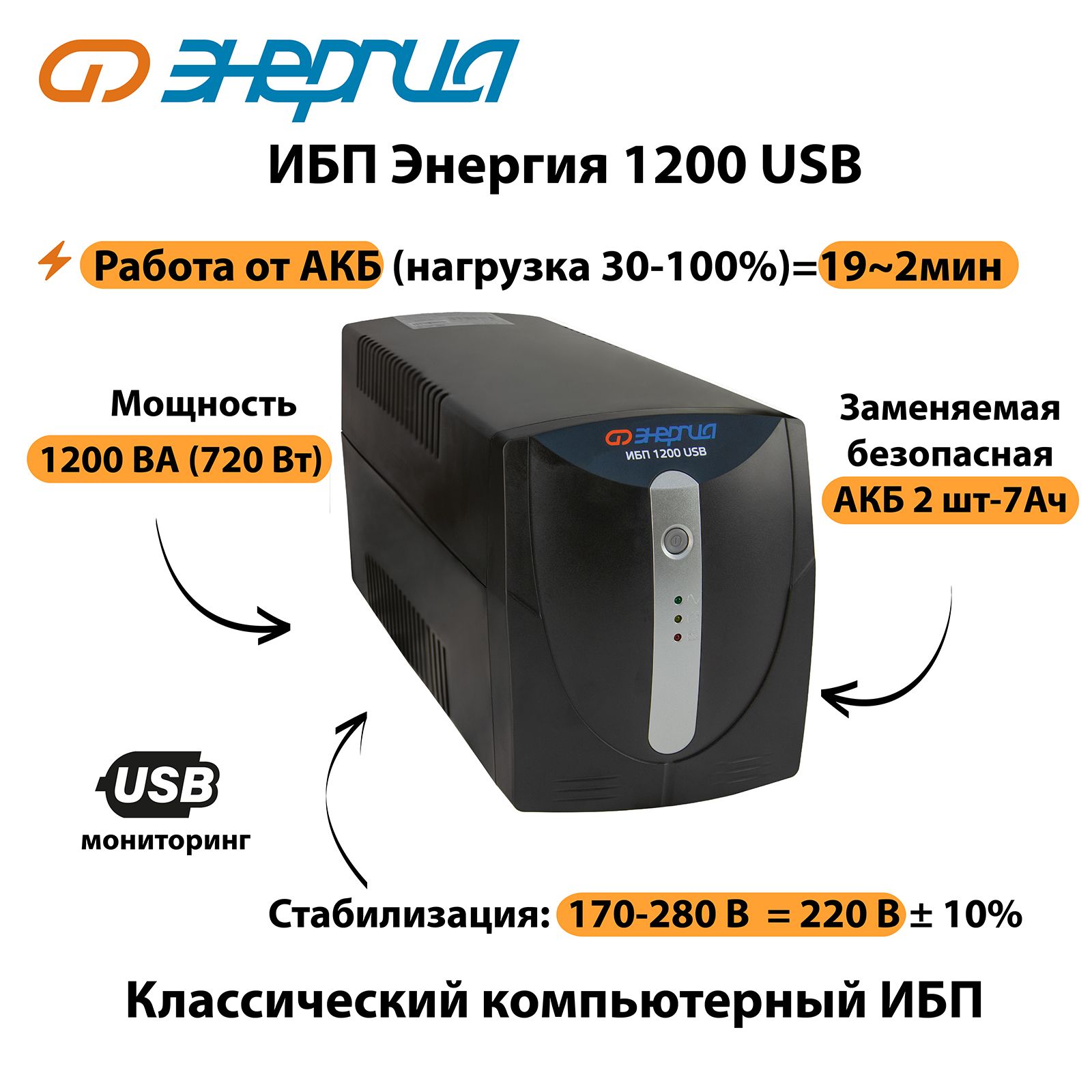 Источник бесперебойного питания Энергия ИБП 1200 USB