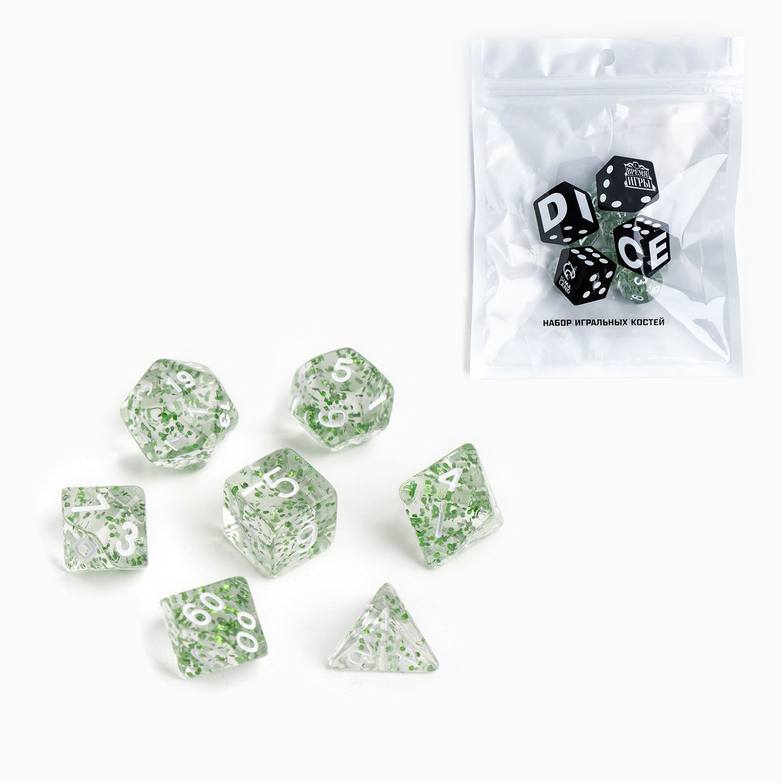 Набор кубиков для D&D (Dungeons and Dragons, ДнД) "Время игры", 7 шт, зеленые