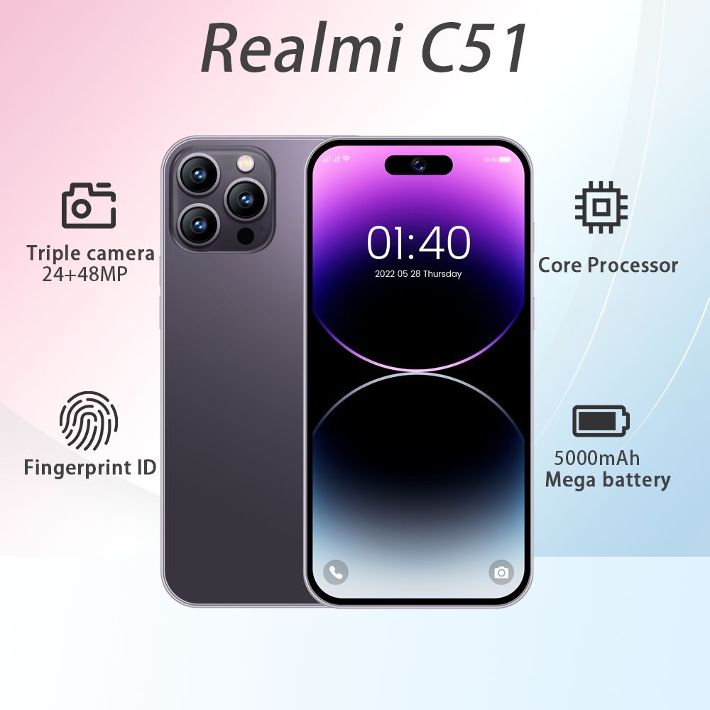 Смартфон Смартфон Игровой телефон Realmi C51 HD Ultimate Edition с  6.8-дюймовым большим экраном, сетью 3G / 4G / 5G, двумя sim-картами и  двойным режимом ожидания CN CN 12/256 ГБ, пурпурный