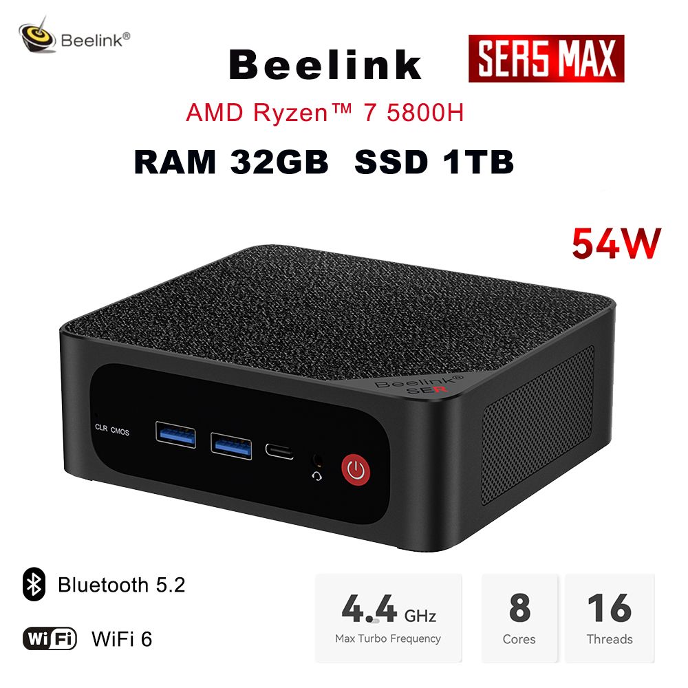 BeelinkМини-ПКBeelinkSER5MAX5800H32GB+1TB(AMDRyzen75800H,RAM32ГБ,SSD1024ГБ,AMDRadeonR7,Windows11Pro),BeelinkSER5MAX5800H32GB+1TB,черный