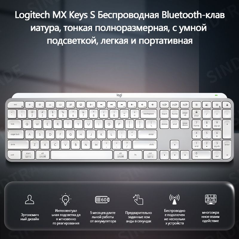 КлавиатурабеспроводнаяMXKEYSS,Английскаяраскладка,белый