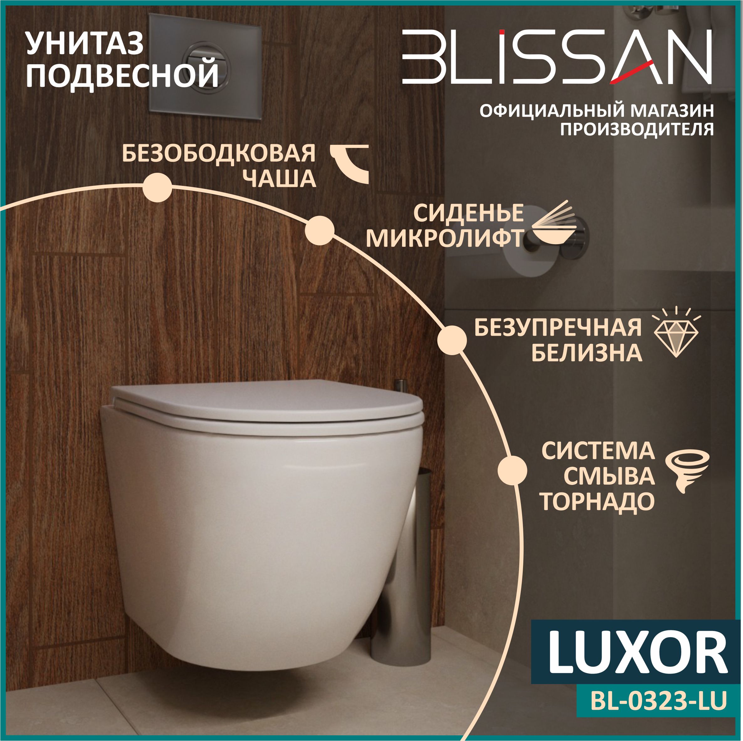 Унитаз подвесной BLISSAN Luxor Tornado 1.0 безободковый с сиденьем  дюропласт микролифт, быстросъемное BL-0323-LUXOR