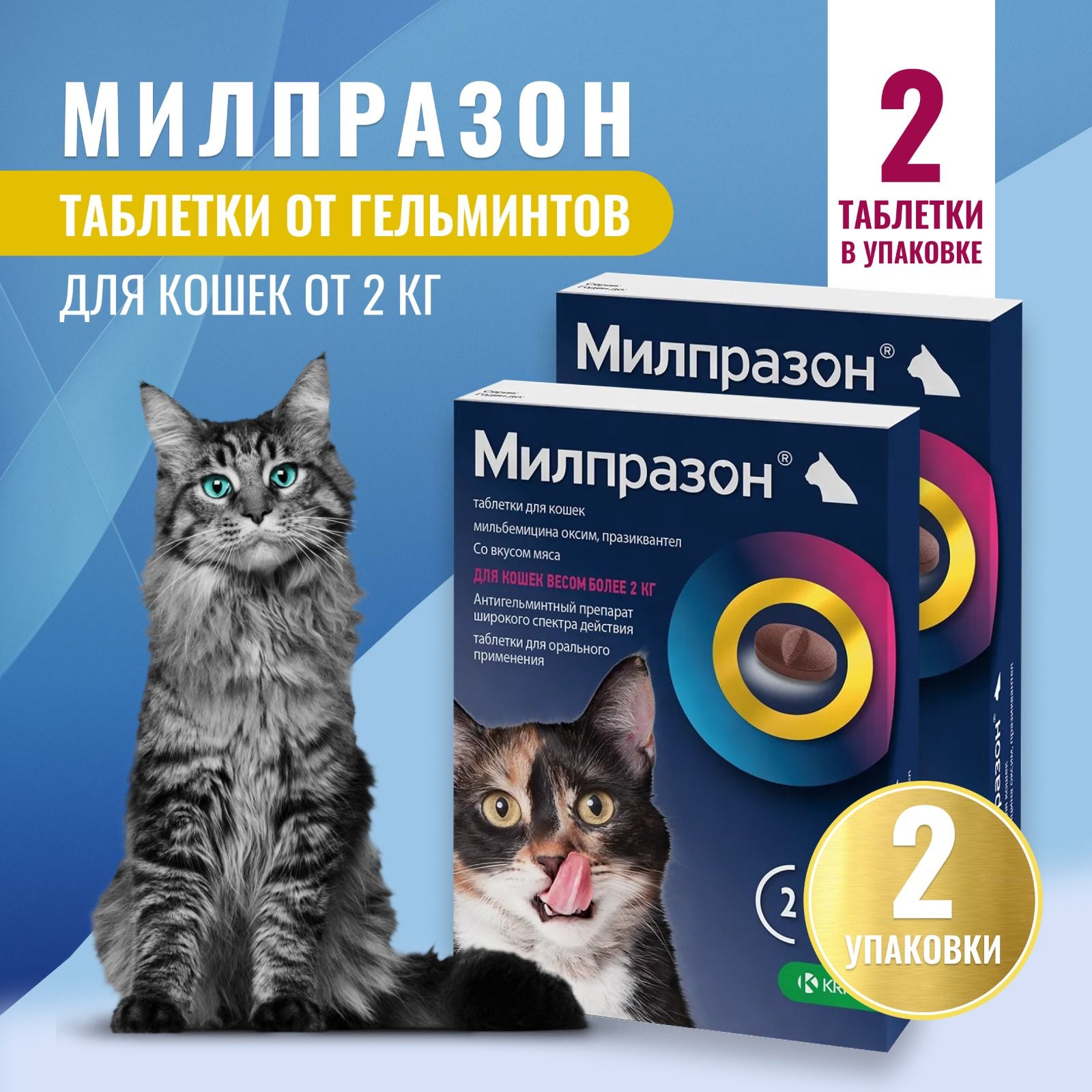 Милпразон антигельминтный препарат в таблетках для кошек более 2 кг, 4  таблетки - две упаковки по 2 таб., 16 мг/40мг. - купить с доставкой по  выгодным ценам в интернет-магазине OZON (1485300148)