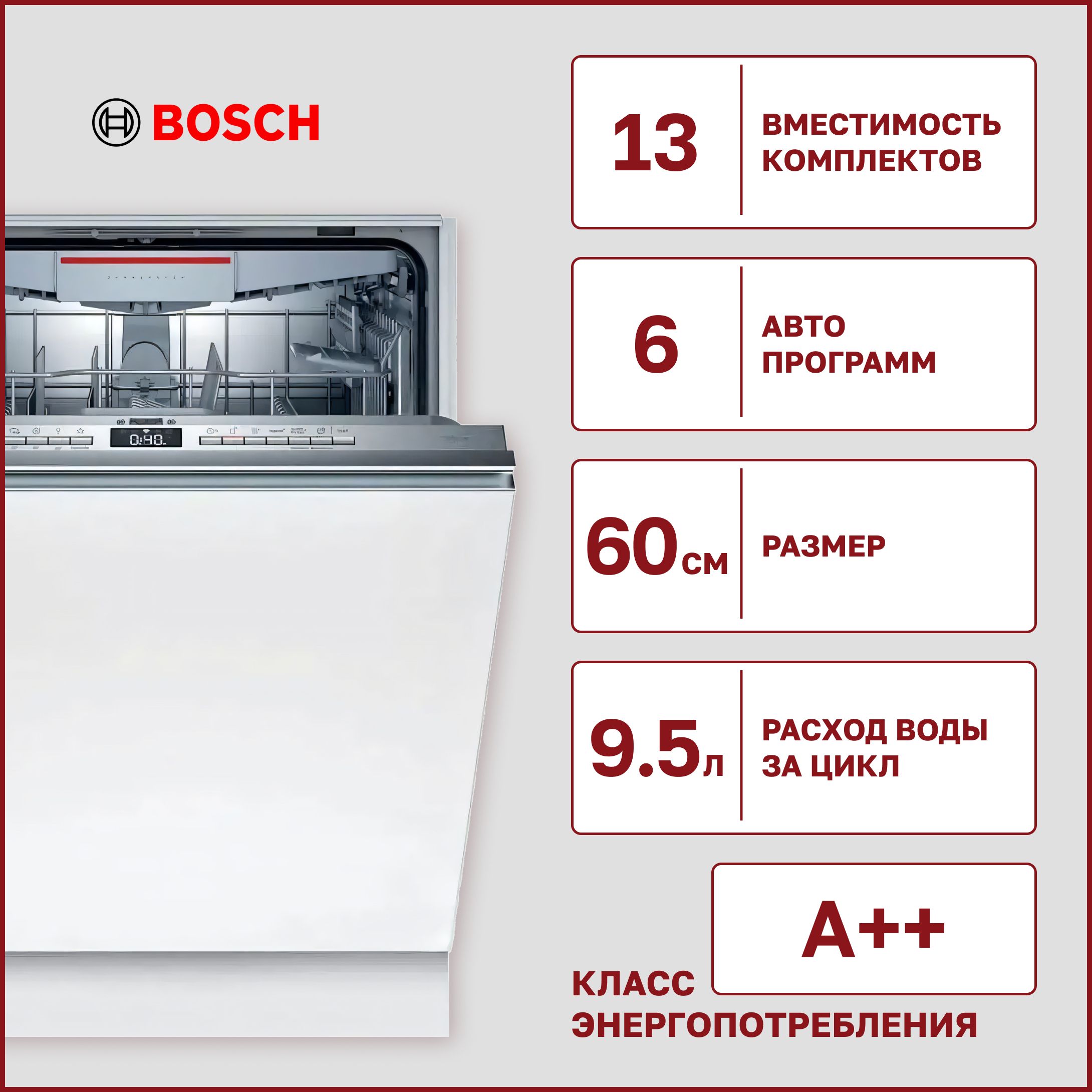 ВстраиваемаяпосудомоечнаямашинаBoschSMV4HVX32Eинверторная,13комплектов,6програм,4температурныхрежима,интенсивная,полоскание,быстраясушка