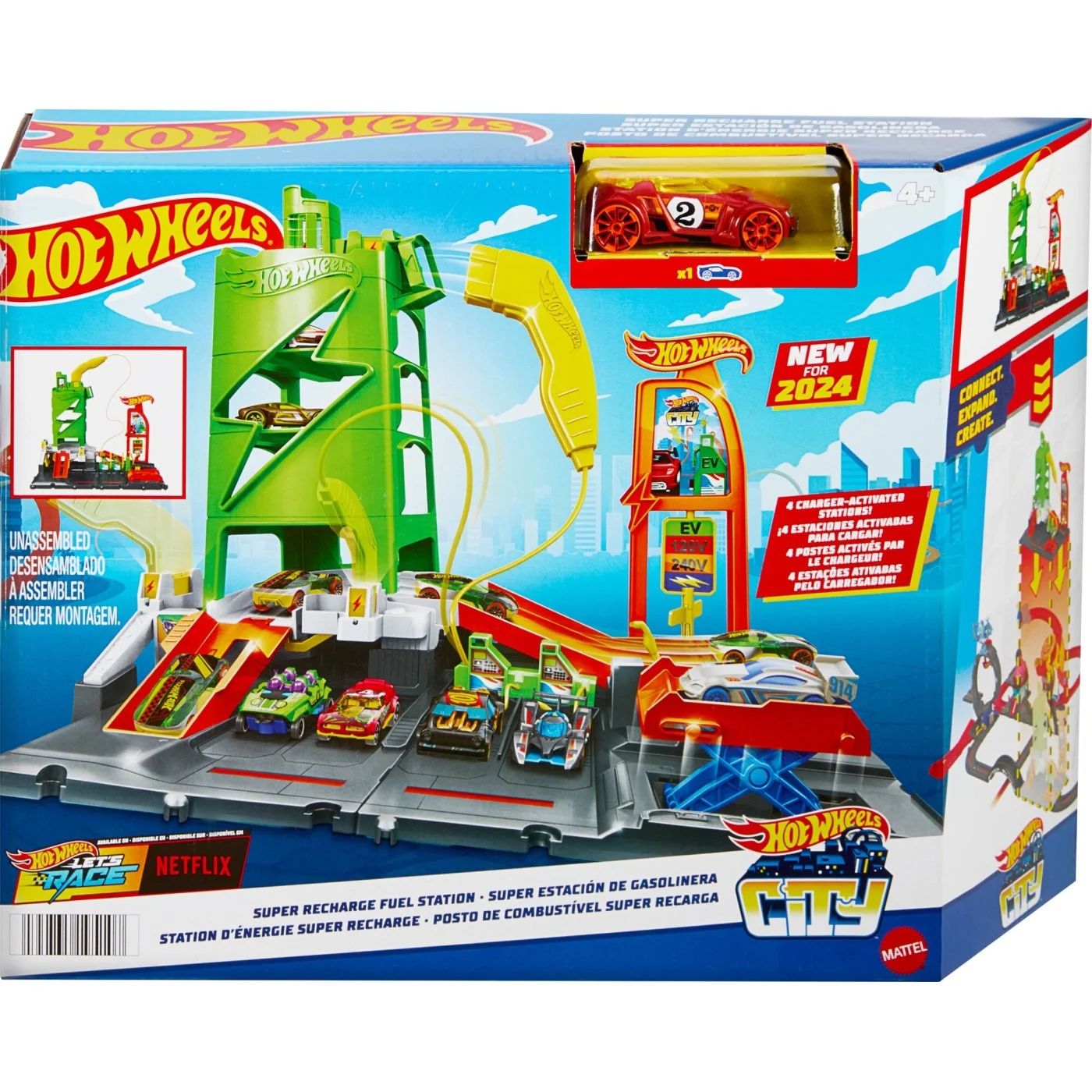 Hot Wheels City Super Recharge АЗС Гараж с игрушечной машинкой в масштабе 1:64, HTN79