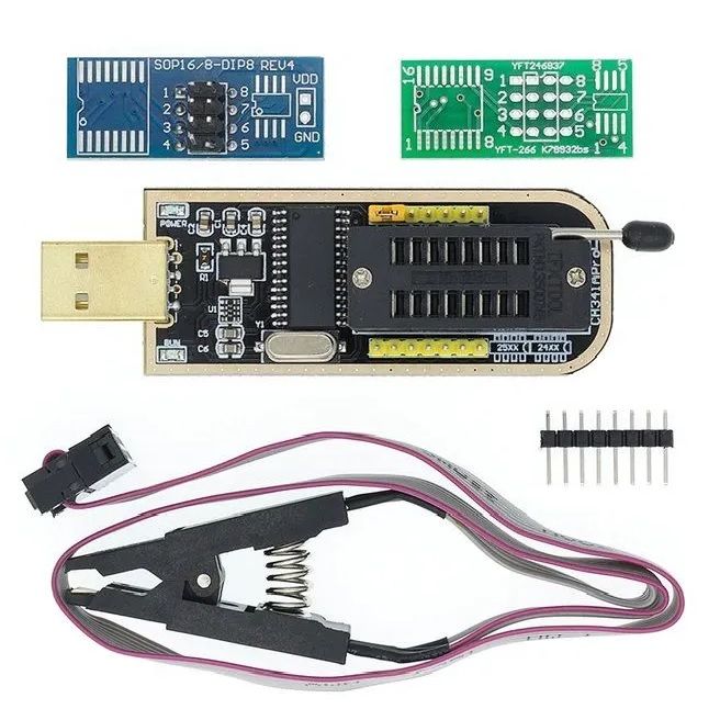 USBпрограмматорCH341A/CH341Bдля24-25серий+Зажим(прищепка)SOIC8SOP8DIP8(комплект)