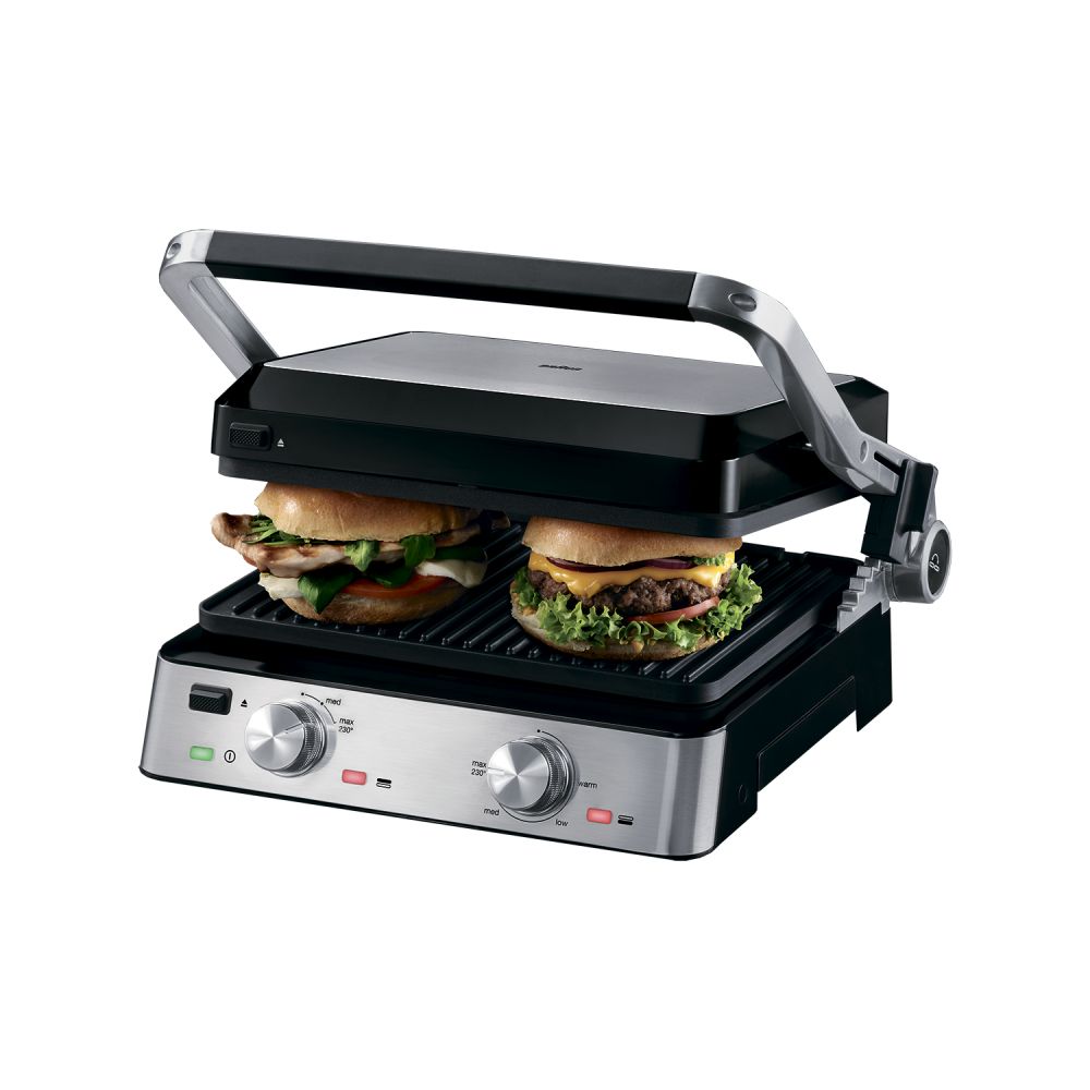 Электрическийгриль2в1BraunMultiGrill7CG7020,2000Вт,съёмныепанели,регулировкатемпературы,поддондлясборажираисока,режимбарбекю180,серебристый/черный